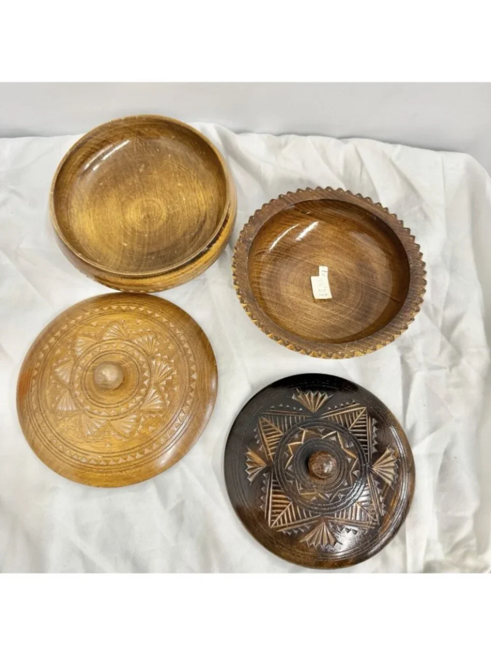 Lot of 2 Vintage Hand Carved Wooden Lidded Trinket Boxes Rustic Folk Art Boho